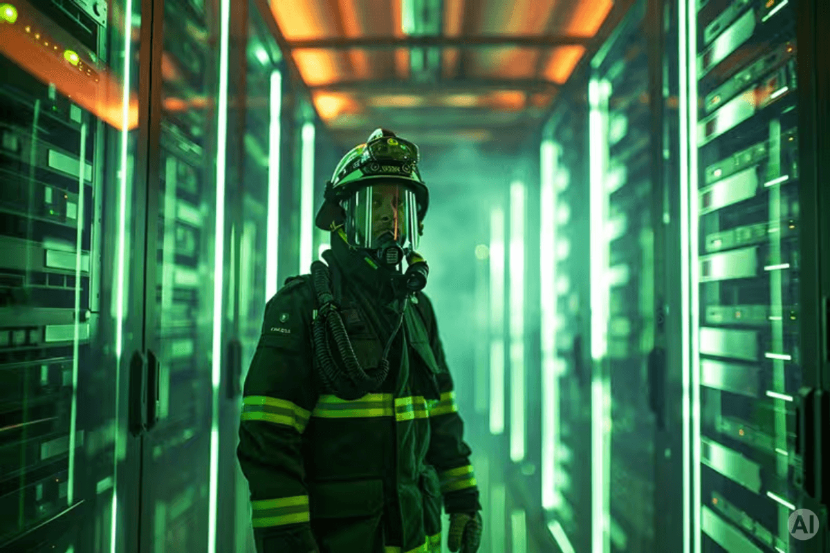 Feuerwehrmann im Server Raum, KI-generiert