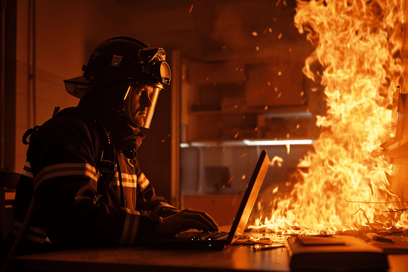 Ein Feuerwehrmann in voller Ausrüstung arbeitet an einem Laptop, während direkt daneben ein Feuer lodert.