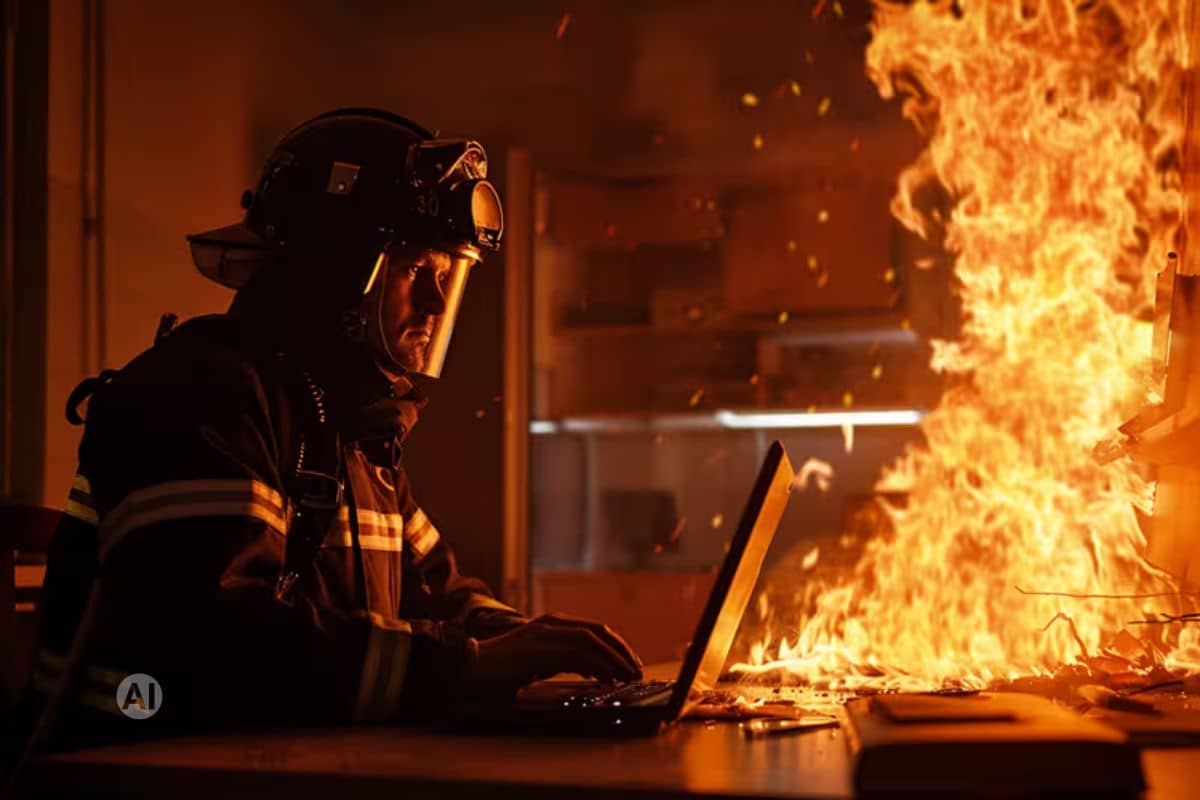 Ein Feuerwehrmann in voller Ausrüstung arbeitet an einem Laptop, während direkt daneben ein Feuer lodert.