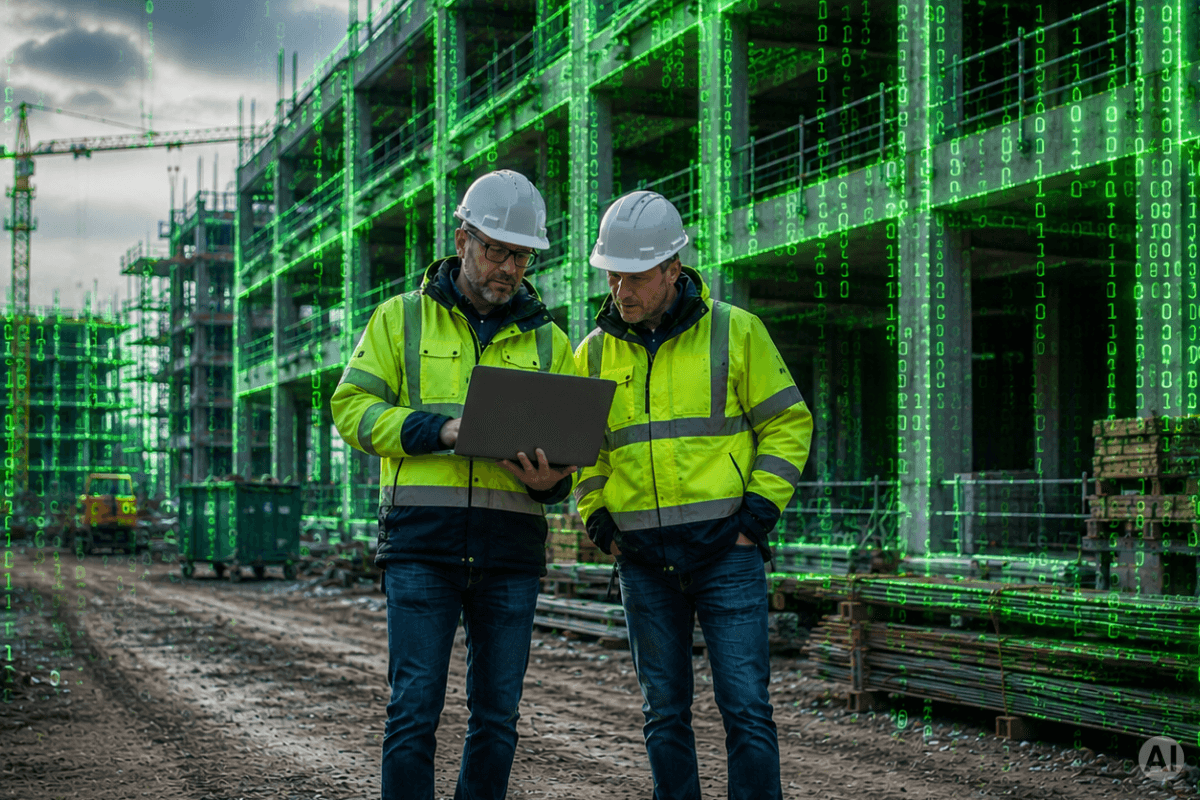 Bauleiter mit Laptop auf Baustelle, überlagert mit digitalem Code-Effekt – Symbolbild für IT-Sicherheit in der Baubranche