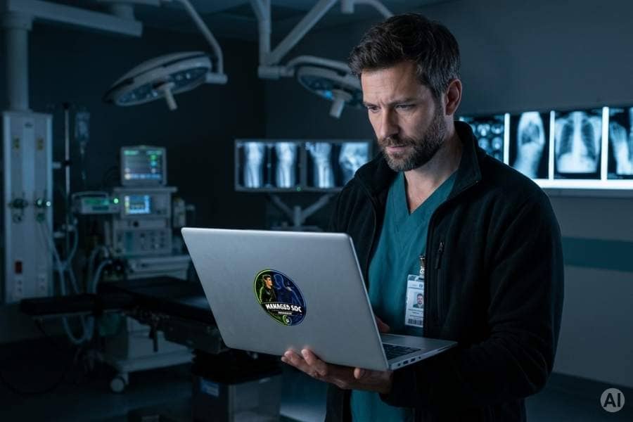 Arzt mit Laptop und ‚Managed SOC‘ Aufkleber im Krankenhaus – Symbolbild für IT-Sicherheit im Gesundheitswesen