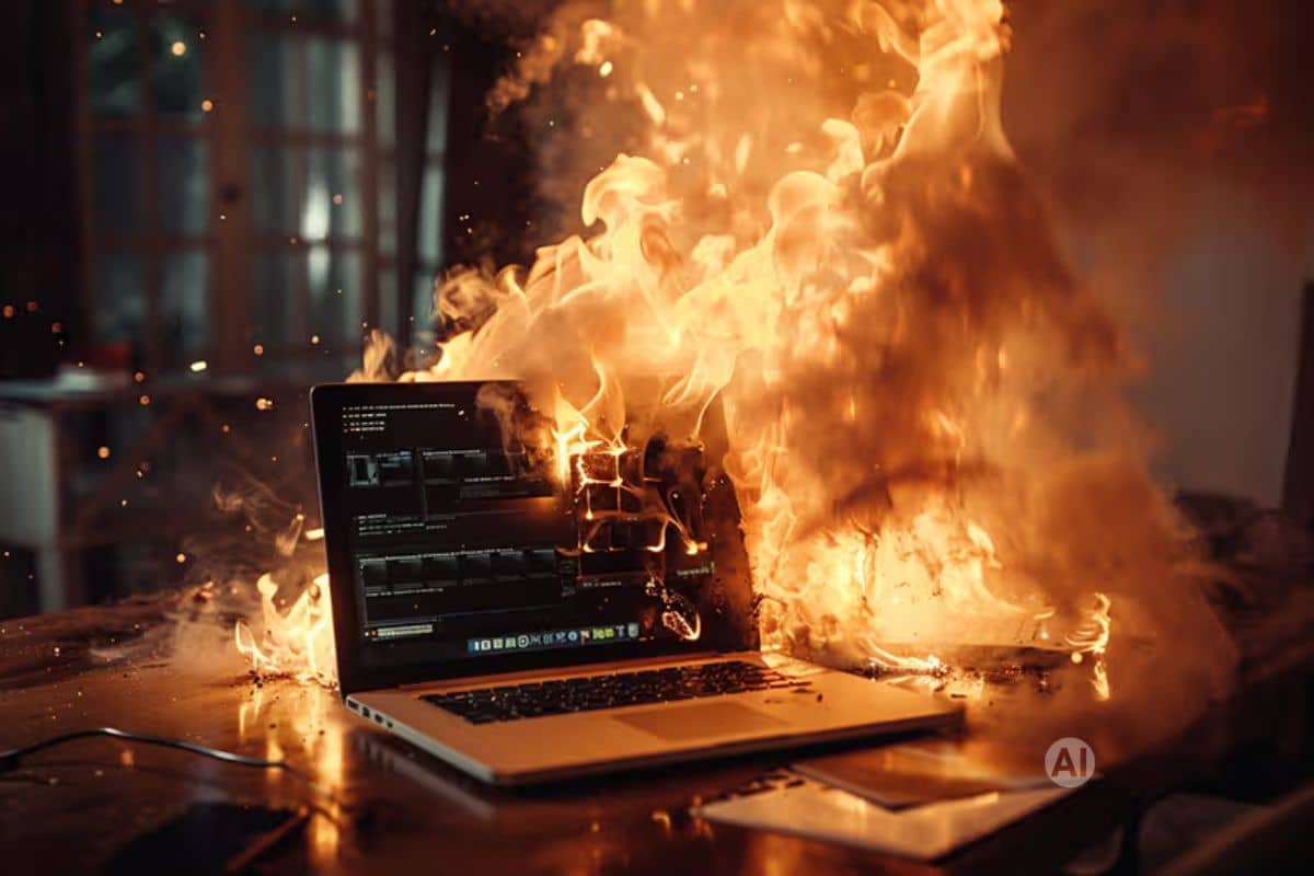 Ein Laptop in einem Büro der in Flammen steht.